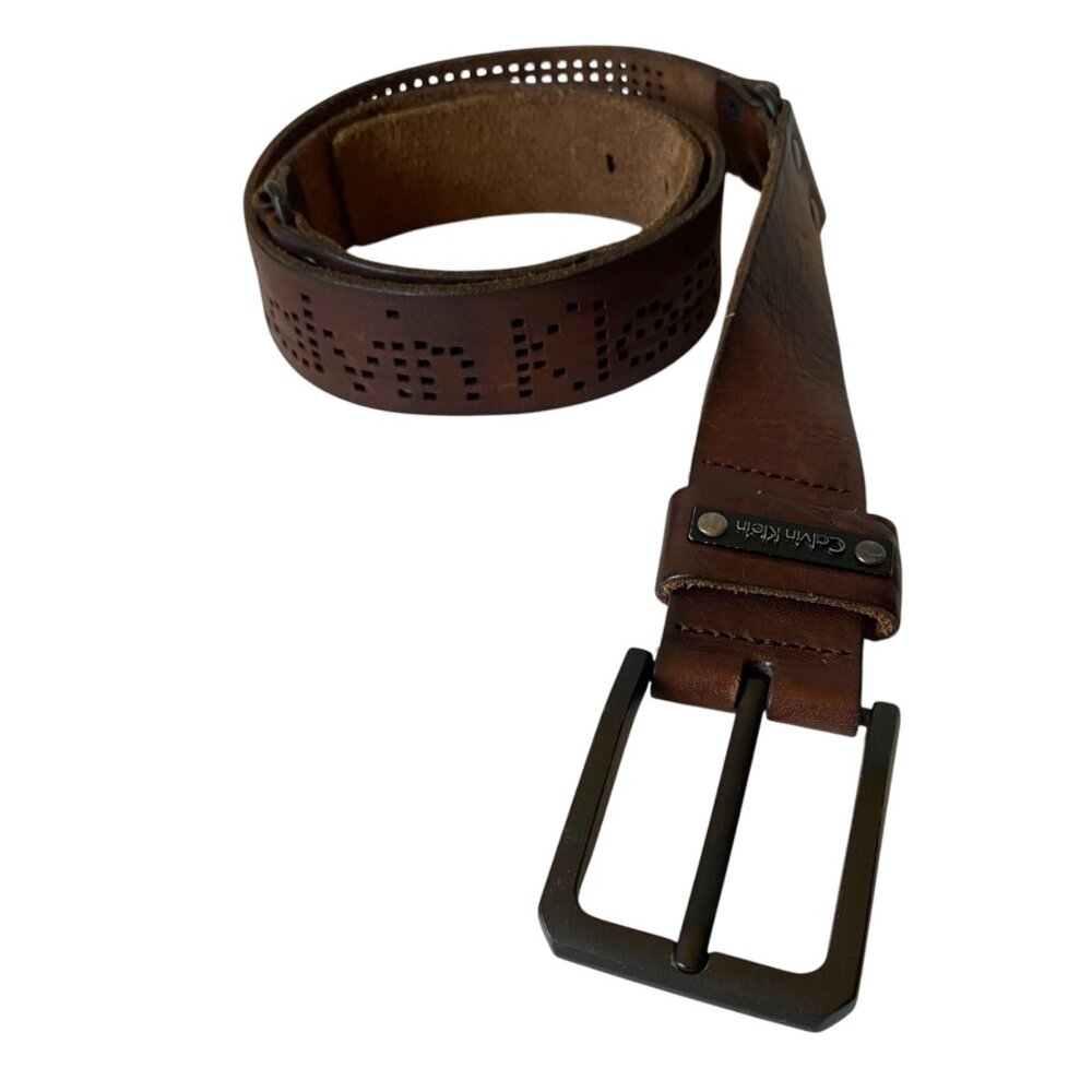 Calvin Klein Vtg Brown Perforated Leather Belt Metal‎ Buckle 1.5" Wide 38" Waist